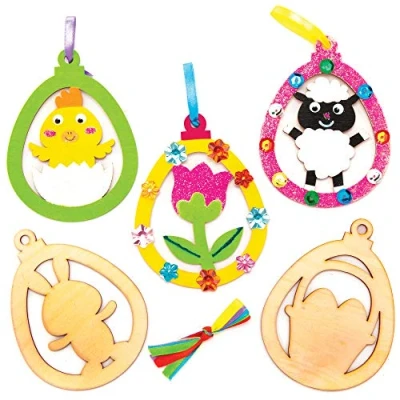 Abbildung von Baker Ross Holzanhänger „Ostern“ (10 Stück) Bastelidee zu Ostern für Kinder zum Gestalten und Dekorieren AT457