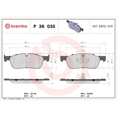Abbildung von BREMBO P 36 035 Bremsbelagsatz für Verschleißwarnanzeiger vorbereitet mit Kolbenclip ohne Zubehör JAGUAR: XF Sportbrake, F Pace, Limousine