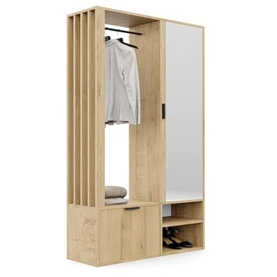 Abbildung von GREKPOL 100x33x190 cm (Rechts/Links) Garderobe Set mit Spiegel Flurgarderobe Artisan Garderobenschrank Flur Sieben Regalböden und Kleiderhaken