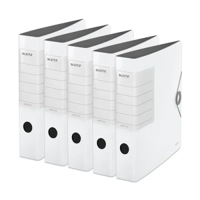 Abbildung von Leitz Qualitäts Ordner 180 Solid, 5er Pack, A4, Schmal, Weiß, 6,2 cm Rückenbreite, Gummibandverschluss, Robustes Polyfoam, extra breites, austauschbares Rückenschild, 11130001