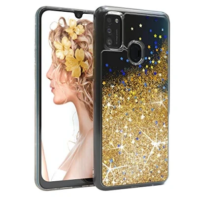 Abbildung von EAZY CASE Hülle kompatibel mit Samsung Galaxy M30s Schutzhülle Flüssig Glitzer, Handyhülle, Schutzhülle, Back Cover Glitter Flüssigkeit, TPU/Silikon, Transparent/Durchsichtig, Gold