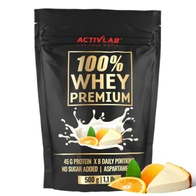 Abbildung von Activlab 100% Whey Premium, 500g, 16 Portionen, 23G Protein Pulver, mit 6,9G BCAA für Muskelaufbau und Regeneration Enthält Glutamin Wenig Zucker, Fett Käsekuchen Orangengeschmack