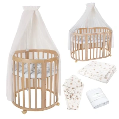 Abbildung von Waldin Oval Baby Bett Mitwachsend Komplett Set 7in1, Gitterbett, Kinderbett mit Matratze, Wickelkommode, Beistellbett, Holz Natur, Stoffe Champagner Löwenzahn