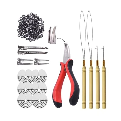 Abbildung von YANTAISIYU Microring Extensions Set: Zange, Nadel und 200 Stück 5.0mm Nanoringe mit Silikon (schwarz)