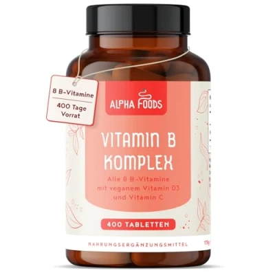 Abbildung von Vitamin B Komplex 400 hochwirksame vegane Tabletten (1 Jahr+ Vorrat) Alle 8 Vitamine B1 B2 B5 B6 B12, Biotin, Folsäure, Vit C &amp; D3 Energie Boost Immun Unterstützung Alpha Foods