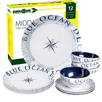 Abbildung von BRUNNER Geschirr Set Melamin Campinggeschirr BLUE OCEAN (8, 12, 16, 36 Teile) (12 tlg)