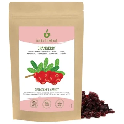 Abbildung von Cranberries getrocknet (250g), Ganze Cranberry mit Apfelsaft gesüßt, Weich und zäh, Verzehrfertiger Fruchtsnack, Vegan