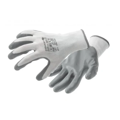 Abbildung von Högert Technik GLAN nitrilbeschichtete Schutzhandschuhe, weiß/hellgrau, Größe 8, reiß und stichfest, umweltfreundlich, ideal für präzise Arbeiten