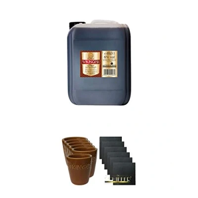 Abbildung von ROTER Wikinger Met 10 Liter Kanister + Tonbecher 6er Set mittlere Größe Schiefer Glasuntersetzer eckig 6 x ca. 9,5 cm Durchmesser
