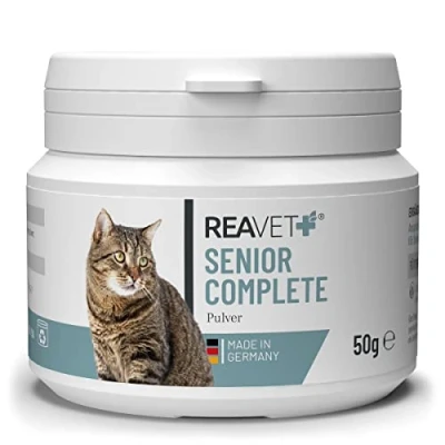 Abbildung von ReaVET Senior Complete Pulver für ältere Katzen, reicht 3 Monate, Mineralien, Aminosäuren &amp; Vitamine alte Katze, Gedächtnis Herzfunktion, Vitalität, Agilität, Senioren Futter