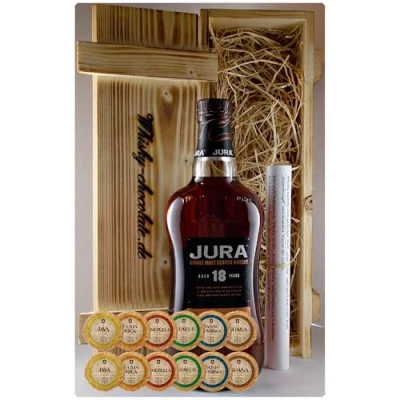 Abbildung von Geschenk Jura 18 Jahre Single Malt Whisky + 12 Edelschokoladen in Holzkiste