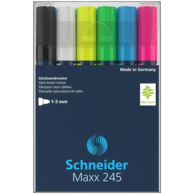 Abbildung von Schneider Maxx 245 Glasboardmarker / Whiteboard Marker (für Glasflächen, trocken abwischbar) 6er Etui schwarz, weiß, gelb, grün, blau, pink