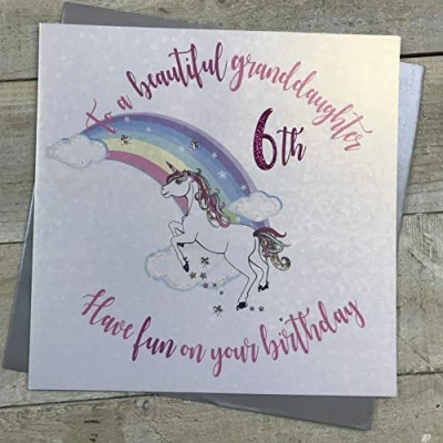 Abbildung von White Cotton Cards xr346 GD groß &quot;To A Beautiful Granddaughter, Spaß haben On Your 6th Birthday&quot; Handarbeit