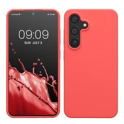 Abbildung von kwmobile Hülle kompatibel mit Samsung Galaxy S24 Silikon Handy Case Handyhülle für weiche Oberfläche kabelloses Laden Neon Koralle