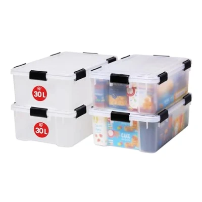 Abbildung von Iris Ohyama Luftdichte Kunststoff Aufbewahrungsboxen mit Deckel, 30L, 4er Set, Transparent, Hermetischer wasserdichter Verschluss, Robuste Schnappverschlüsse, Stapelbar, Staubschutz, BPA frei, AT LS