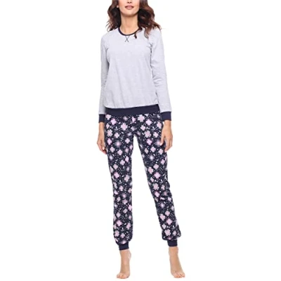 Abbildung von Merry Style Damen Lang Zweiteiliger Schlafanzug aus Baumwolle Pyjama Set Winter MS10 168 (Melange Blumen, XL)