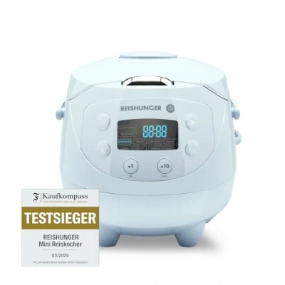 Abbildung von Reishunger Reiskocher Digitaler Mini Reiskocher, 350 W, Dämpfeinsatz, Messbecher, Reislöffel, Timer und Warmhaltefunktion