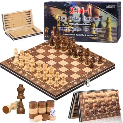 Abbildung von HOVIBU Magnetisches Schachspiel, 3 in 1, Einklappbares Schachbrett aus Holz, Reiseschach, Tragbares Hochwertiges Schach für Familienaktivitäten und Partys, Kinder Erwachsene