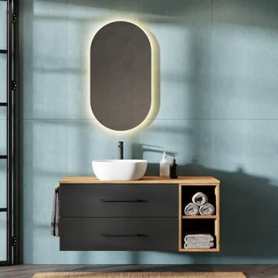 Abbildung von Planetmöbel LUX Badmöbel Set Waschbecken mit Unterschrank 120 cm hängend inkl. Aufsatz 42 weiß, Waschbeckenunterschrank Gold Eiche/Anthrazit