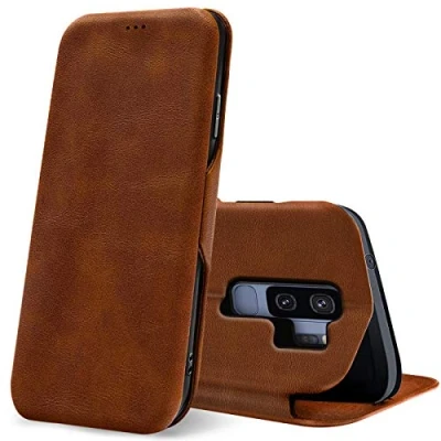 Abbildung von Verco Handyhülle für Samsung S9 Plus, Bookstyle Premium Handy Flip Cover Galaxy S9+ Hülle [integr. Magnet] Book Case PU Leder Tasche, Braun