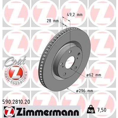 Abbildung von ZIMMERMANN COAT Z 590.2810.20 Bremsscheibe 296 28 7/5 5 114 innenbelüftet beschichtet TOYOTA: RAV4 IV SUV, III Auris Schrägheck