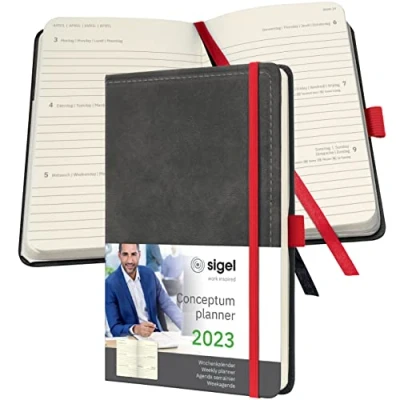 Abbildung von SIGEL C2357 Terminplaner Wochenkalender 2023 Vintage Design Lederoptik ca. A5 dunkelgrau Hardcover 192 Seiten Gummiband, Stiftschlaufe, Archivtasche PEFC zertifiziert Conceptum