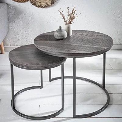 Abbildung von riess ambiente Beistelltisch ELEMENTS Ø60cm grau / schwarz (Set, 2 St), Mango Massivholz · Metall Gestell rund Industrial Design
