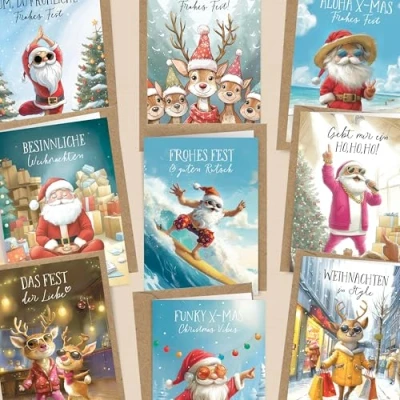 Abbildung von LOViLEE® 10x Weihnachtskarten inkl. extra Umschläge &amp; Sticker im Geschenkset hochwertige Klappkarten zu Weihnachten mit Umschlag Set in premium Qualität Cartoon Aquarell