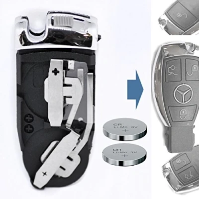 Abbildung von mt key Auto Schlüssel Batteriehalter Reparatur Set + 2X passende CR2025 Knopfzelle, (3 V), für Mercedes Benz Chrom Funk Fernbedienung