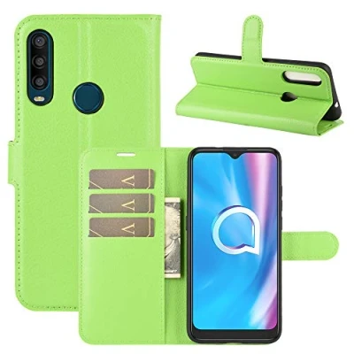 Abbildung von Fertuo Hülle für Alcatel 1SE 2020, Handyhülle Leder Flip Case Tasche mit Standfunktion, Kartenfach, Magnetschnalle, Silikon Bumper Schutzhülle Cover Grün