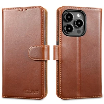 Abbildung von LENSUN Echtleder Hülle iPhone 15 Pro, Handyhülle Echt Leder [Standfunktion][RFID Blocker][Kartenfach] Handytasche Lederhülle für Pro 5G Dunkelbraun