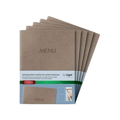 Abbildung von SIGEL SM211/5 Speisekarten Mappe A5, Gummi Bindung, beige mit Leinenstruktur, 5er Pack, strapazierfähig und leicht abwischbar