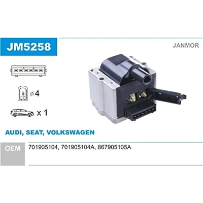Abbildung von JANMOR JM5258 Zündspule VOLKSWAGEN: Passat B3/B4 Variant, TRANSPORTER 4 Bus, Polo II Coupe, SEAT: Ibiza 2, TOLEDO 1, Cordoba I Limousine