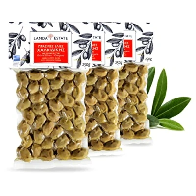 Abbildung von Lamda Estate griechische grüne Oliven mit Stein eingelegte Oregano Vakuum 3x 250g