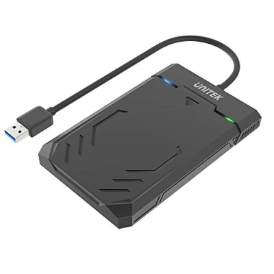 Abbildung von UNITEK Festplattengehäuse für 2,5 Zoll HDD/SSD SATA I/II/III Festplatten, Externe Festplatteschutz, mit eingebautes 3.0 Kabel, werkzeuglose Montage, schwarz Y 3036