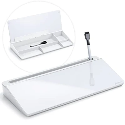 Abbildung von Varhomax Schreibtisch Organizer, Desktop Whiteboard Glas Weiß Mit Aufbewahrung Abwischbar, To Do Liste, Notizblock und Tastaturständer für Homeoffice, Büro Schulbedarf