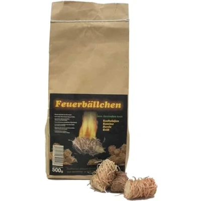 Abbildung von Feuerbällchen das Original zum Anzünden von Kachelofen, Kamin, Herd, Grill, Lagerfeuer aus Naturprodukten unempfindlich gegen Nässe Made in Germany 0,5 kg Tüte (ca. 40 Stück)