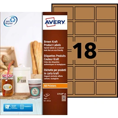 Abbildung von Avery L7110 20 selbstklebende braune Kraftpapier Etiketten, 18 Etiketten pro A4 Bogen