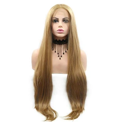 Abbildung von Kunsthaar Perücke, hohe Temperatur, Goldblond, mit Spitze, für Damen, Kunsthaar, langes natürliches glattes Haar, Mittelscheitel, ohne Klebstoff