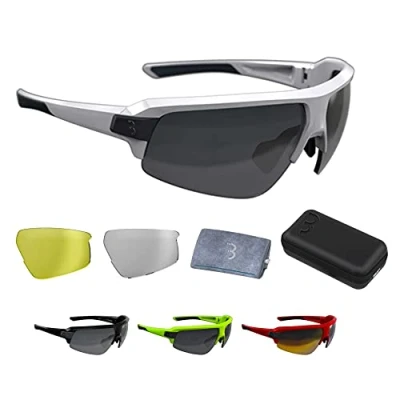 Abbildung von BBB Cycling Fahrradbrille Impulse Herren und Damen Sportbrille Sonnenbrille Radsport mit drei Wechselgläsern Polycarbonat Grilamid MTB Rennrad Urban Glänzend Weiß BSG 62
