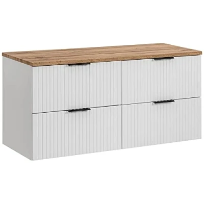 Abbildung von Lomadox Badmöbel Waschtisch Unterschrank 120 cm weiß matt mit gerilllter Front, Wotaneiche, Waschbecken Badschrank 4 Softclose Auszügen, B/H/T 120,6/59,2/46,5