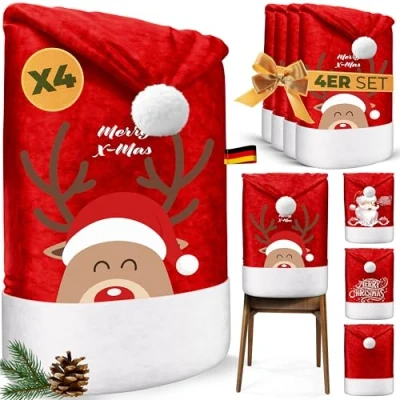 Abbildung von KESSER® Premium Weihnachtsstuhlüberzug 4er Set Stuhlhussen für Weihnachten Nikolausmütze Stuhlbezug Husse Weihnachtsdeko Stühle Überzieher Stuhlabdeckung im weihnachtlichen Design