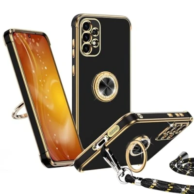 Abbildung von Keteen Handykette für Samsung Galaxy A52 4G / 5G A52S Hülle mit Band, Handyhülle 360Metall Ring Halter Ständer Dünn Stoßfeste Anti Kratzt Schwarz