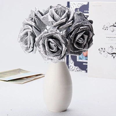 Abbildung von TuToy 7ST Kunst Bouquet Glitzer Schaum Kunstblumen Hochzeit Hochzeits Party Dekor DIY Rose Silber