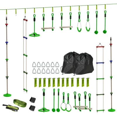 Abbildung von AIYAPLAY Ninja Warrior Hindernisparcours für Kinder 10m Slackline Kit mit Turnringe, Spinnerrad, Schaukel, Kletterstangen, Hängetablett, Kletterleiter Zubehör Trainingsausrüstungsset