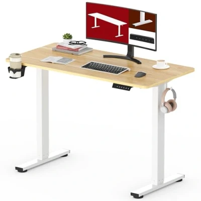 Abbildung von SANODESK Höhenverstellbarer Schreibtisch mit VOLLSTÄNDIGER TISCHPLATTE, 4 Zubehörteilen (Becherhalter, Haken, Aufbewahrungsbox, Kabelmanagement), ergonomisch für Büro und Homeoffice, Ahorn, 110x54 cm