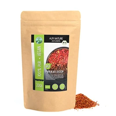 Abbildung von Bio Paprikaflocken (200g), Paprika Flocken Bio, Paprikaschoten aus kontrolliert biologischem Anbau, 100% natürlich, ohne Zusätze, geschrotet