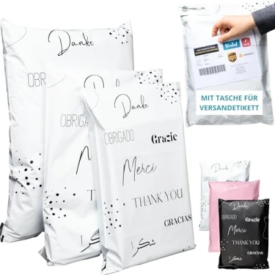 Abbildung von EMBALLAX 60 Versandtaschen MIT TASCHE FÜR VERSANDETIKETT 3 Größen M/L/XL WIDERSTANDSFÄHIG/WASSERDICHT Versandtüten für Kleidung Warensendung Umschlag Kartons Versandbeutel Danke