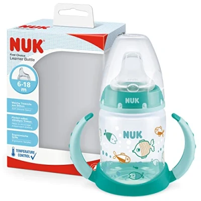 Abbildung von NUK First Choice+ Trinklernflasche 618 Monate 150 ml Temperature Control Anzeige auslaufsichere Trinkschnabel Ergonomische Griffe BPA frei Fische, grün