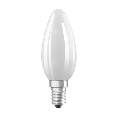 Abbildung von OSRAM Energy Class LED Lampe in klassischer Minikerzenform, 3.8 W / 806 lm, EEK A, warmweißes Licht (2700 K), CRI 80, aus gefrostetem bleifreiem Glas, E14 Sockel, IP20, 35 mm Durchmesser.